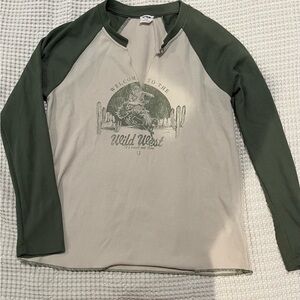 Zara Olive and Beige Graphic Raglan Shirt